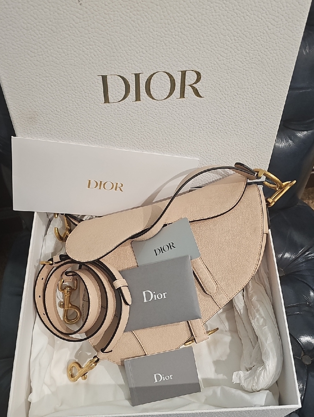 Authentic Christian Dior Saddle Bag – Beige Calfskin – Brand New in Box Full Set